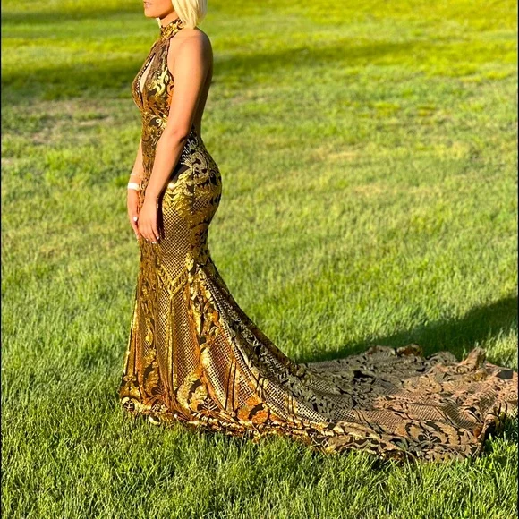 slim fit dress slacks Foiled Mermaid Gown With Halter Neckline In Light Gold main image 0
